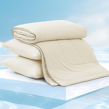Monbix ChillChilla Cooling Comforter Queen Size-3 Pieces Cooling Blankets for Hot Sleepers and Night Sweats, Double-Sided Summer Queen Comforter Set, Breathable Lightweight Blanket Cream White