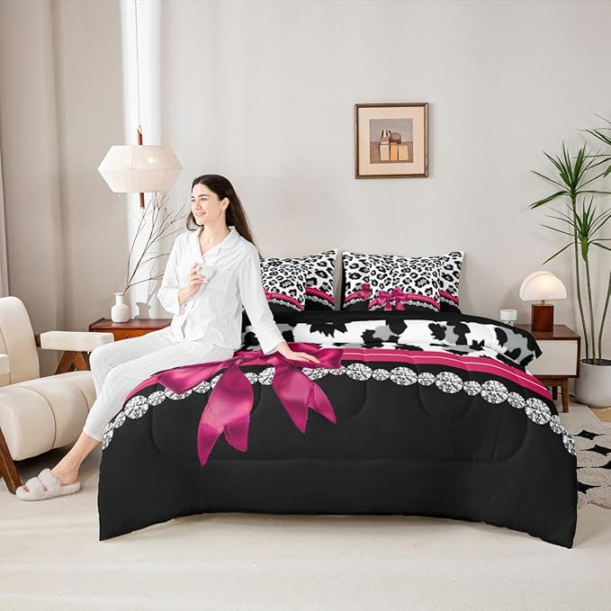 Feelyou Grey Leopard 7 Piece Bedding Set Twin Size Plum Red Bowknot Comforter Set with Sheets for Kids Girls Women Diamond Bed in a Bag Animal Print Bed Set