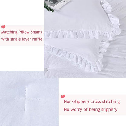 Masaca White Ruffle Comforter Full Size,Farmhouse Shabby Boho Chic Bedding Sets Full,3PCS Vintage Rustic Soft Microfiber Ruffled Bedding Comforter Set