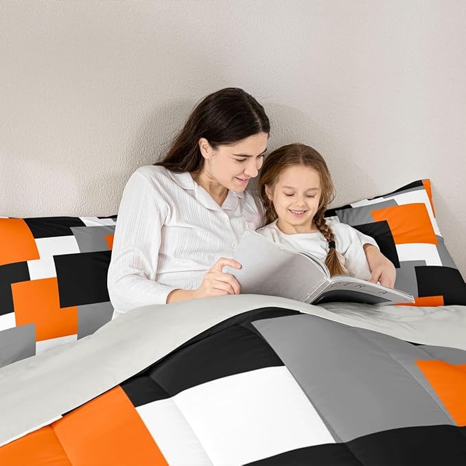 Castle Fairy Orange Grey Black Boys Girls Comforter Set Full Size,Modern Abstract Art Duvet Set Teens Bedroom Decor,Geometric Grid Square Splicing Microfiber Soft Bedding Set,3 Pcs