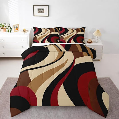 Red Brown Spiral Queen Comforter Set for Adult Women Men Modern Swirls Stripes Abstract Bedding Set for Minimalists Boho Aesthetic Geometric Bed Sets Graffiti Art Lines Quilt Duvet Insert