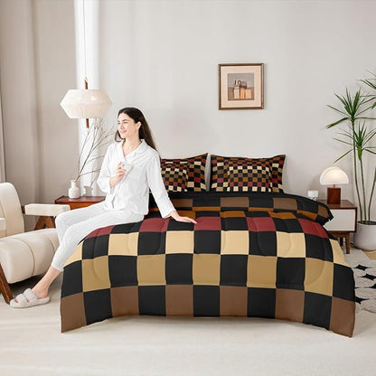 Feelyou Checkered Retro Comforter Set with Sheets 7 Piece King Size Brown Red Black Plaid Bed in a Bag Kids Boys Girls Geometric Vintage Bedding Set Modern Simple Groovy Aesthetic Bedroom Decor Soft