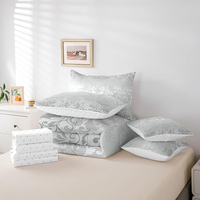 Erosebridal Gothic Damask Bed in a Bag King Size Comforter Set 7 Pieces,Halloween Bat Bedding Sets Silver White Victorian Floral Goth Sheet Set with Comforter