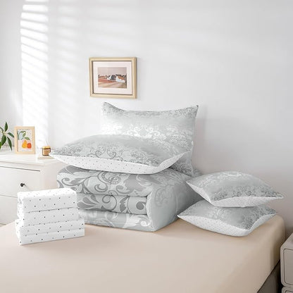 Erosebridal Gothic Damask 7 Piece Comforter Set Full Bed in a Bag,Halloween Bat Bedding Sets Silver White Victorian Floral Goth Sheet Set with Comforter
