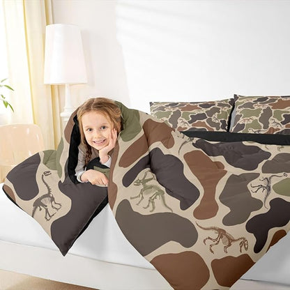 Erosebridal Camo Dino Comforter Set Toddler Size Army Camouflage Bedding Set for Kids Boys Girls Dinosaur Skeleton Farmhouse Green Comforter Boys Vintage Hunting Theme Quilt Bedroom Decor