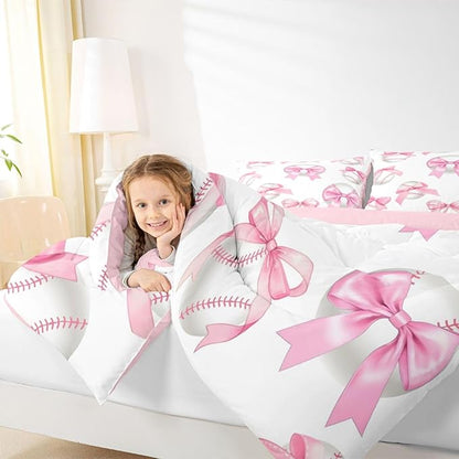 Baseball Bowknot Bedding Sets Twin Size,Baseball Sport Games Comforter Set 2Pcs for Kids Girls Boys Women Room Decor,Pink Bow Tie Print Quilted Duvet Sweet Modern Down Comforter,1 Pillowcase