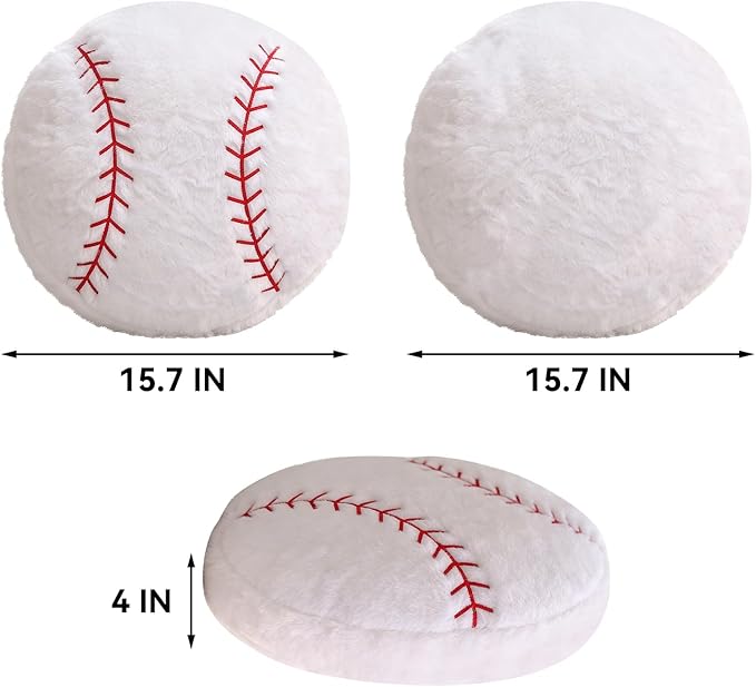 Baseball Pillow, Soft Fluffy Baseball Plush Pillow Round Stuffed Sports Throw Pillows, Baseball Shaped Decorative Throw Pillow for Sofa, Bedroom, Sports Room, Home Decor Gifts 15.7"