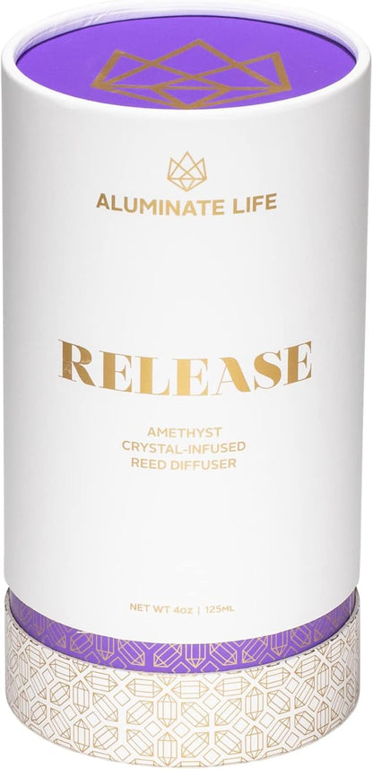Crystal Infused Reed Diffuser, 4 OZ, Release - Amethyst Crystal Infused - Scents of Lavender, Bergamot, & Frankincense - Home Decor, House Warming, Room, Stick Perfume, Coffee Table
