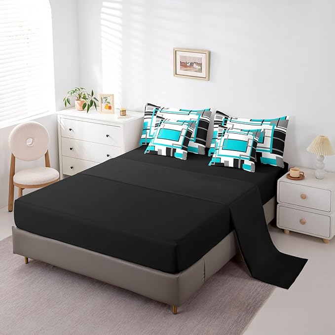 Erosebridal 7Pcs Teal Black White Geometric Abstract Twin Size Comforter Set,Modern Square Striped Bed in A Bag,Boho Bedding,Minimalist Contemporary Art Aesthetic Quilt Set with Pillowcases