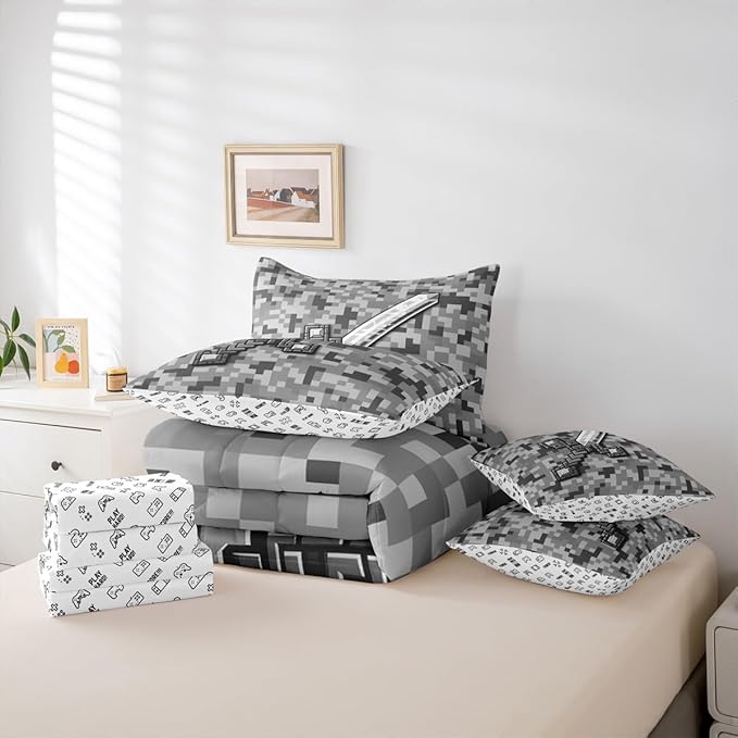 Castle Fairy Grey Pixel Style 7 Piece Comforter Set Queen Size,Geometric Miner Grid All Season Reversible Bed in a Bag Cool Sword Bedding Sets Video Games Flat Sheet,Fitted Sheet,Pillowcases