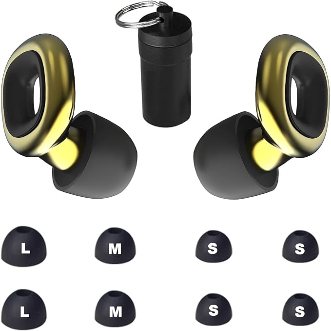 Ear Plugs – Stylish Hearing Protection for Concerts & Festivals,Live Events,Sports,DJs,Nightlife,Work.Study&Sleep Reusable Earplugs for Noise Reduction 28dB with 10 Ear Tips and 4 Mute Rings,Golden