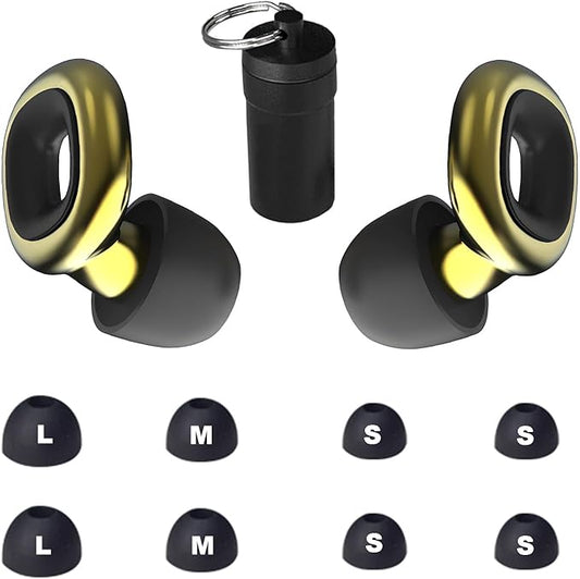 Ear Plugs – Stylish Hearing Protection for Concerts & Festivals,Live Events,Sports,DJs,Nightlife,Work.Study&Sleep Reusable Earplugs for Noise Reduction 28dB with 10 Ear Tips and 4 Mute Rings,Golden