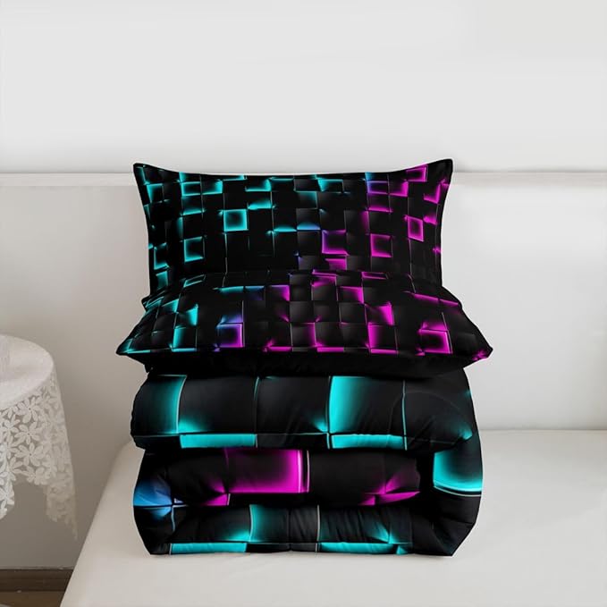 Erosebridal Geometric Checkered Comforter Set King Neon Teal Purple Bedding Set for Kids Boys Teen Men Gamer Room Decor,Abstract Ombre Plaid Comforter Grids Quilt Duvet Black