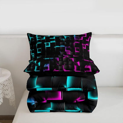 Erosebridal Geometric Checkered Comforter Set King Neon Teal Purple Bedding Set for Kids Boys Teen Men Gamer Room Decor,Abstract Ombre Plaid Comforter Grids Quilt Duvet Black