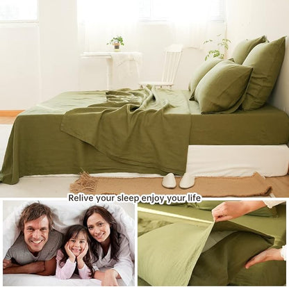 Simple&Opulence Washed Linen Bed Sheet Set Basic Style 4 Pieces (1 Flat Sheet & 1 Fitted Sheet & 2 Pillowcases) 100% Natural French Flax Soft Breathable Farmhouse Bedding (King, Olive Green)