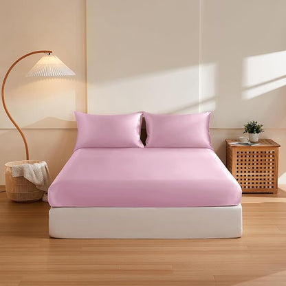 THXSILK 6A+ Top Grade 100% Pure Mulberry Silk Full Fitted Sheet 3Pcs Set Bed Sheets Luxury Bedding for Hair and Skin Health Breathable Cooling, 1 Fitted Sheet with 2 Pillowcases, Lavender