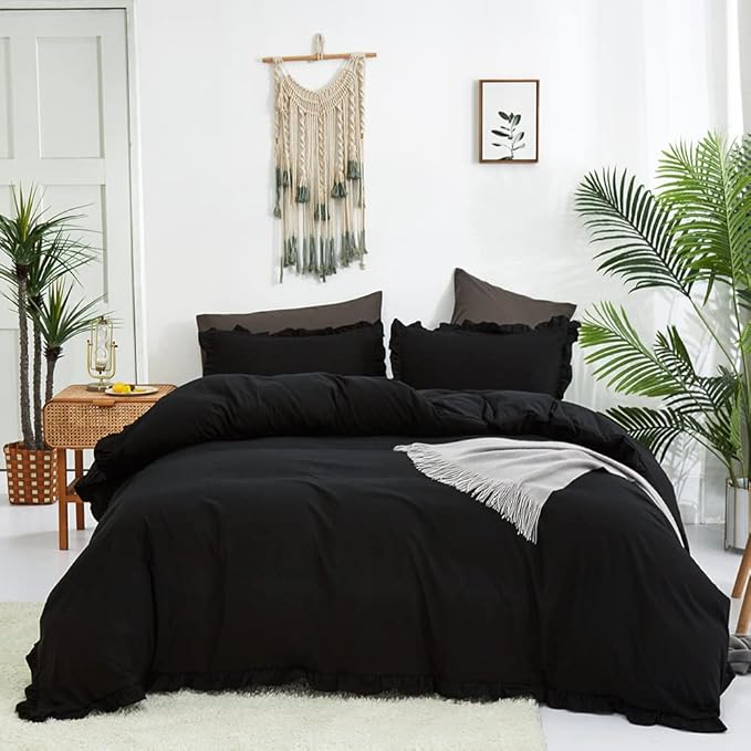 CLOTHKNOW Black Ruffles Comforter King Size Set Farmhouse Bedding Comforter Sets Shabby Chic Comforter Boho Comforter with 2 x Pillowcases