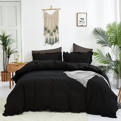 CLOTHKNOW Black Ruffles Comforter King Size Set Farmhouse Bedding Comforter Sets Shabby Chic Comforter Boho Comforter with 2 x Pillowcases