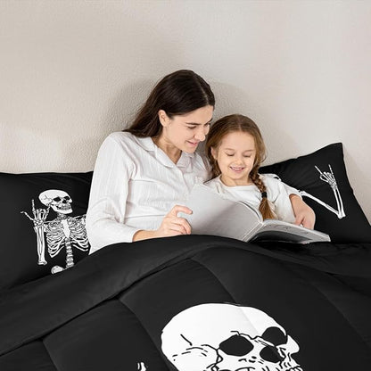 Erosebridal Gothic Skull Twin Comforter Set, Halloween Rock Roll Music Hippie Posing Skeleon Bedding Set, Black Comforter, Funny Skull Skeleton Victory Quilt with 1 Pillowcase