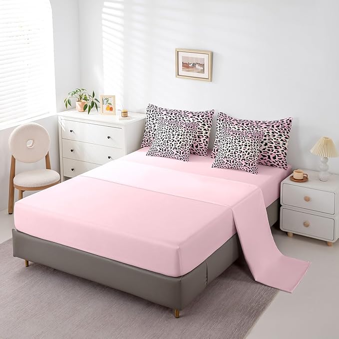Feelyou Pink Leopard Bedding Set for All Season Cheetah 7 Pieces Comforter Sets Twin Size Teens Room Decor Animal Print Bed in a Bag with Comforter, Sheets, Pillowcases & Cushion Cover