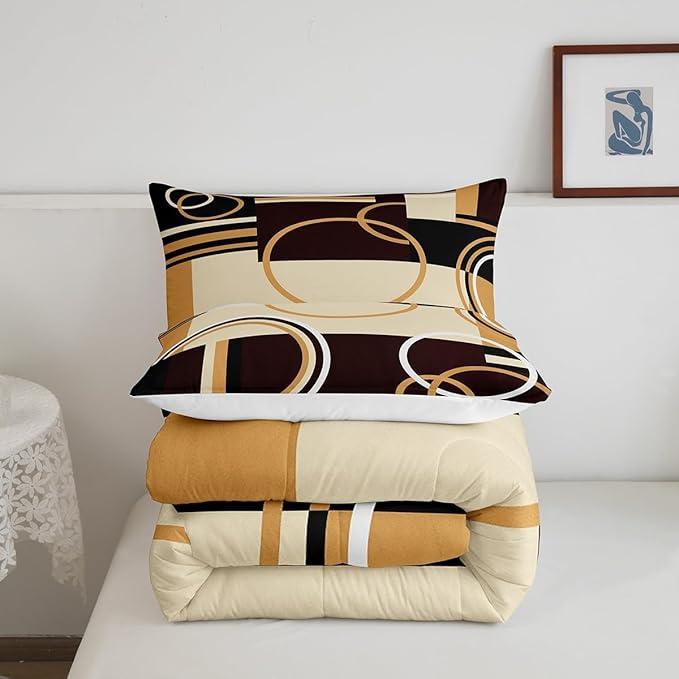 Erosebridal Modern Geometric Comforter Set Twin Size Brown Black Stripes Down Comforter for Kids Adult Retro Circle Swirls Bedding Set Bedroom Decor Abstract Texture Color Art Comforter