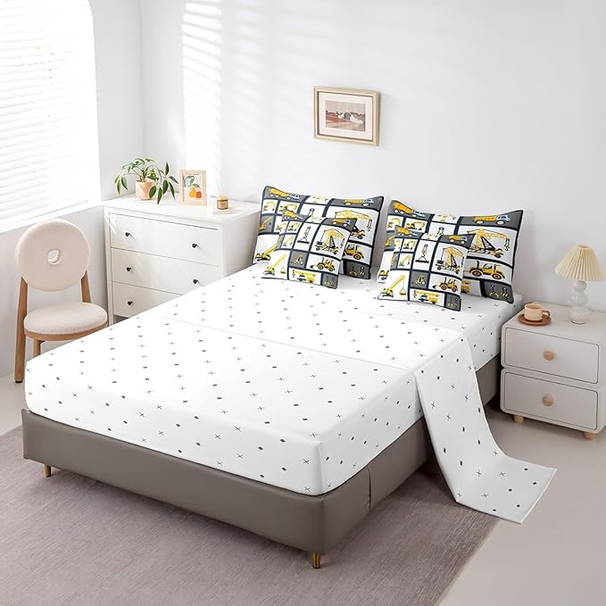 Feelyou Kids Construction Comforter Set Twin Size 7 Pcs Boys Construction Site Cars Comforter Bed in a Bag Trucks Excavators Bedding Set Child Tractors Bed Set with Sheets, Pillowcases, Pillow Covers