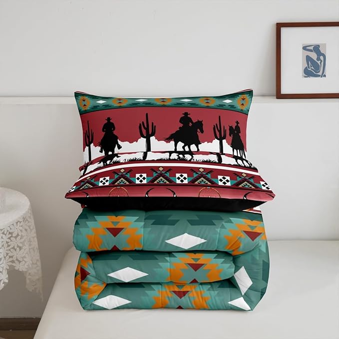 Erosebridal Twin Size Western Bedding Set Longhorn Skull Dream Catcher Boho Comforter Set for Kids Boys Teens Adult Bedroom, Cowboy Horse Western Duvet Insert Southwestern Geometric Quilt, Red
