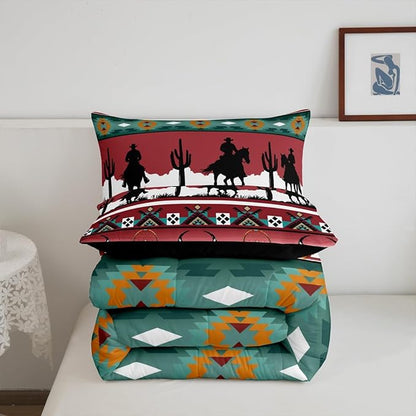 Erosebridal King Size Western Bedding Set Longhorn Skull Dream Catcher Boho Comforter Set for Kids Boys Teens Adult Bedroom, Cowboy Horse Western Duvet Insert Southwestern Geometric Quilt, Red