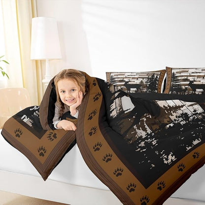 Feelyou Rustic Deer Bedding Set Wild Animals Hunt Comforter Set for Kids Boys Girls Brown Wooden Comforter Paw Print Quilt Set Bedroom Collection 3Pcs King Size