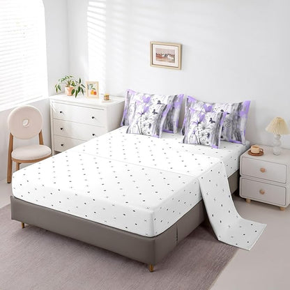 Feelyou Girls Daisy Flower Comforter Set with Sheets Queen Size 7 Pieces Kids Vintage Floral Butterfly Bedding Set for Boys Women Teens Purple Grey White Simple Modern Abstract Art Bed in a Bag