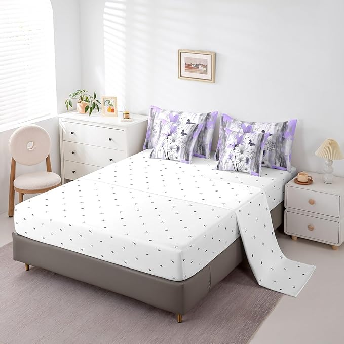 Feelyou Girls Daisy Flower Comforter Set with Sheets Full Size 7 Pieces Kids Vintage Floral Butterfly Bedding Set for Boys Women Teens Purple Grey White Simple Modern Abstract Art Bed in a Bag