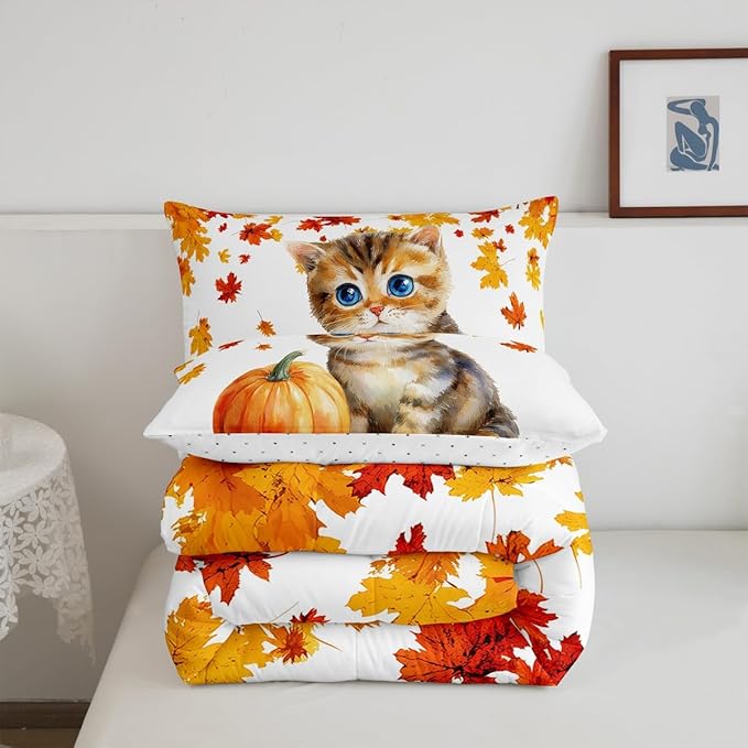 Cute Pumpkin Cat Bedding Sets King Kawaii Watercolor Cat Comforter Set For Kids Boys Girls Autumn Fall Maple Leaf Comforter Thanksgiving Harvest Seasonal Quilt Duvet Orange White 2 Pillow Cases