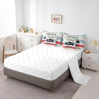 Erosebridal Happy Camping Full Comforter Set Bed in a Bag Family Camping Rv Comforter Set with Wooden Style Sheets(1 Comforter, 1 Flat Sheet, 2 Pillowcases and 2 Throw Pillow Covers)