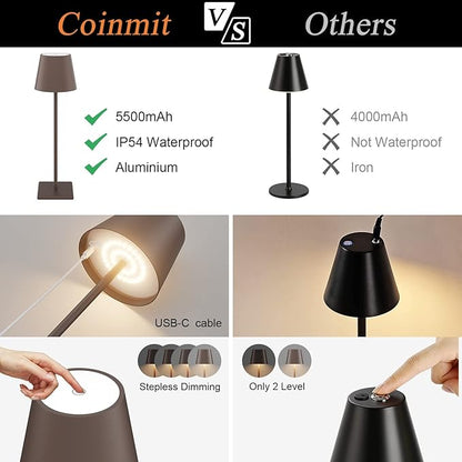 2 Pack LED Rechargeable Table Lamp Bronze, Portable 5500mAh Battery Powered Bedside Lamp, 3 Color Temperatures Stepless Dimmable Cordless Table Lamps for Outdoor Restaurant Bedroom Rust Red