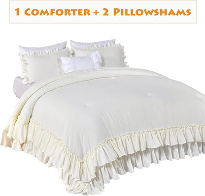 Masaca Shabby King Size Comforter Set, Farmhouse Ivory Bedding Ruffled Comforter Set King,Lightweight Vintage Rustic Bedding 3 Pcs (1 Shabby Comforter and 2 Pillowcases)