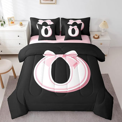 jejeloiu Kawaii Pink Bow Queen Comforter Set with Sheets,Gifts for Women Teen Girl,Monogrammed 7 Piece Bedding Set,Soft Personalized Initial Letter O Bed in a Bag with Comforter,Sheets,Pillowcases