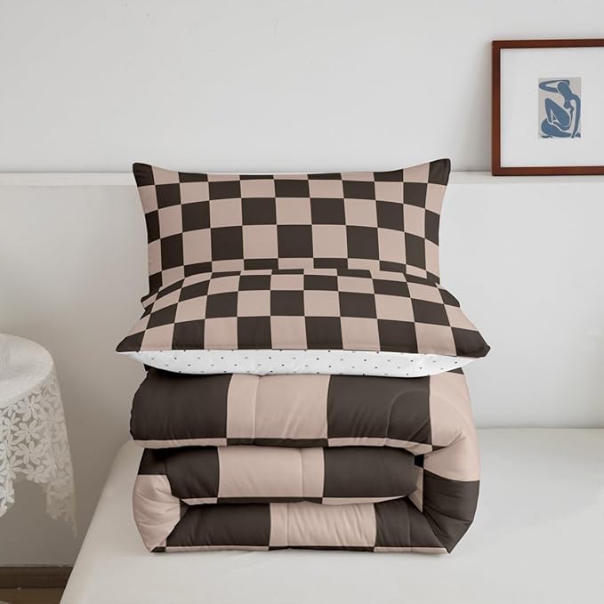 Feelyou Checkered Retro Bedding Set Teen Women Men Gradient Brown Plaid Comforter Set Toddler Size Kids Boys Girls Geometric Vintage Duvet Insert Modern Simple Groovy Aesthetic Room Decor