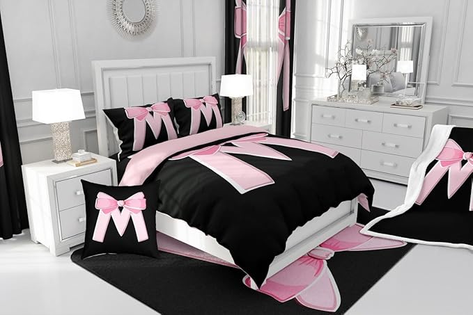 jejeloiu Kawaii Pink Bow Twin Comforter Set with Sheets,Gifts for Women Teen Girl,Personalized Initial Letter M 7 Piece Bedding Set,Soft Monogrammed Bed in a Bag with Comforter,Sheets,Pillowcases