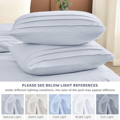 Sanracie Cotton King Comforter Set(106"x 95"),3Pcs Soft Lightweight Pinch Pleated Bedding Set,Cornflower Blue Colored Shabby Boho Chic Aesthetic Bedroom Sets