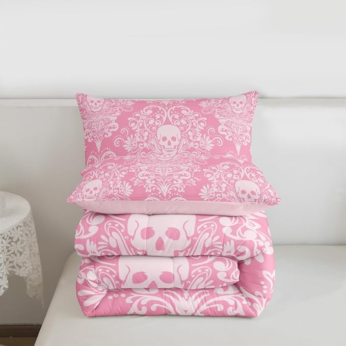 Feelyou Adults Gothic Skull Bedding Set Queen Size Kids Damask Print Comforter Goth Bohemian Duvet Breathable Soft Lightweight Microfiber Pink White Room Decor with 2 Pillowcases