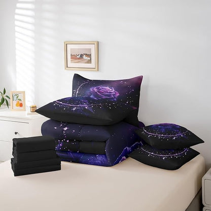 Erosebridal 7 Piece Purple Rose Comforter Set Twin with Sheets,Romantic Flowers Rose Bedding Set for Couples Bedroom Decor,Galaxy Stars Bed in a Bag,Valentines Day Wedding Gifts for Women Girls