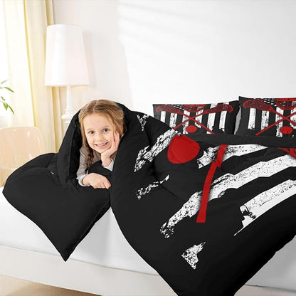Erosebridal Lacrosse Comforter Set for Teens Youth, Black White American Flag Bedding Set Queen Size,Boys Sports Duvet Insert and 2 Pillowcases