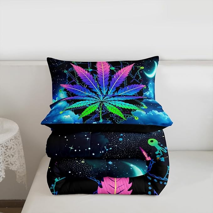Erosebridal Leaves Comforter Set Bohemian Mandala Duvet Set Queen Size Leaf Quilt Set Galaxy Starry Sky Quilted Duvet, Blue Purple Bedding Set for Room Decor