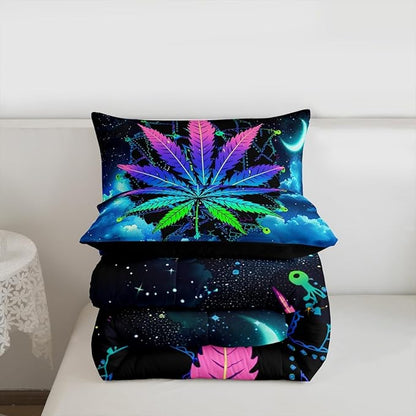 Erosebridal Leaves Comforter Set Bohemian Mandala Duvet Set Full Size Leaf Quilt Set Galaxy Starry Sky Quilted Duvet, Blue Purple Bedding Set for Room Decor