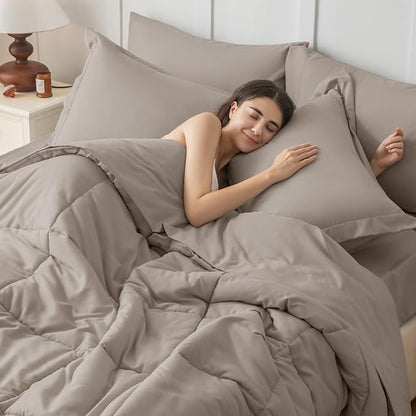 JOLLYVOGUE California King Comforter Set, Ultra-Soft Bed in a Bag Cal King Size 7 Pieces, Oeko-TEX Certified Bedding Set with Down Alternative Comforter, Sheets, Pillowcases & Shams, Khaki