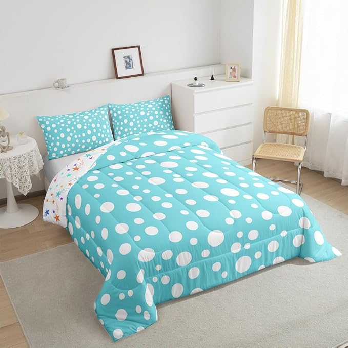 Manfei White Polka Dots Comforter Set,Chic Teal White Geometric Circles Simple Bedding Set for Kids Teens Bedroom,French Style Cute Dots Print Quilt Set 2 Pcs with 1 Pillowcase,Toddler