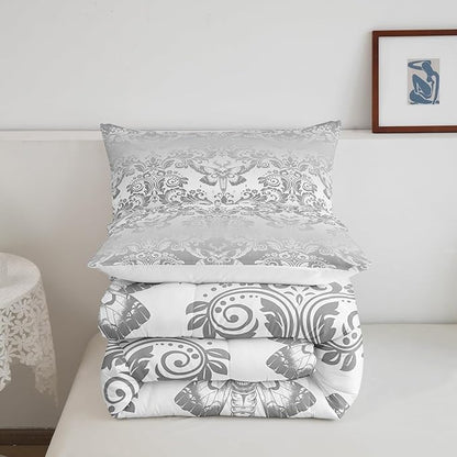 Feelyou Adults Silver Vintage Damask Floral Comforter Set Oriental Antique Comforter Queen Size Gothic Bohemia Boho Flower Bedding Set Gothic Skull Duvet Set Quilt Set 3Pcs