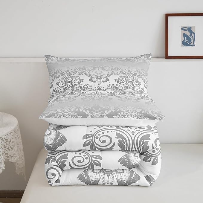 Feelyou Adults Silver Vintage Damask Floral Comforter Set Oriental Antique Comforter Twin Size Gothic Bohemia Boho Flower Bedding Set Gothic Skull Duvet Set Quilt Set 2Pcs