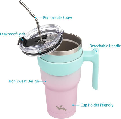 30 oz Tumbler with Handle and 2 Straw 2 Lid, Insulated Water Bottle Stainless Steel Vacuum Cup Reusable Travel Mug,Gum