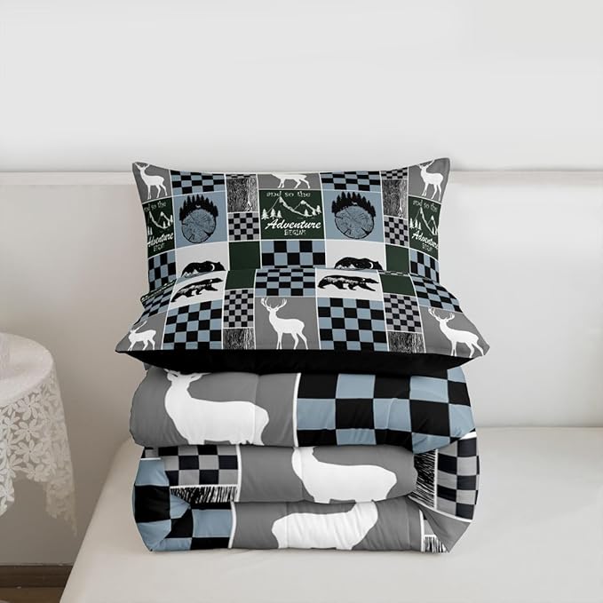 Kids Rustic Deer Comforter Set, Retro Cabin Hunting Bear Bedding Full Size Lodge Buffalo Plaid Quilt Adventure Western Wildlife Bedding Comforter Sets Bear Gifts For Bear Lovers, Blue Gray Black